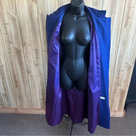 Vtg 80s Beautiful Blue 80% Wool Long Winter Coat/Duster Purple lining USA - Picture 8 of 16